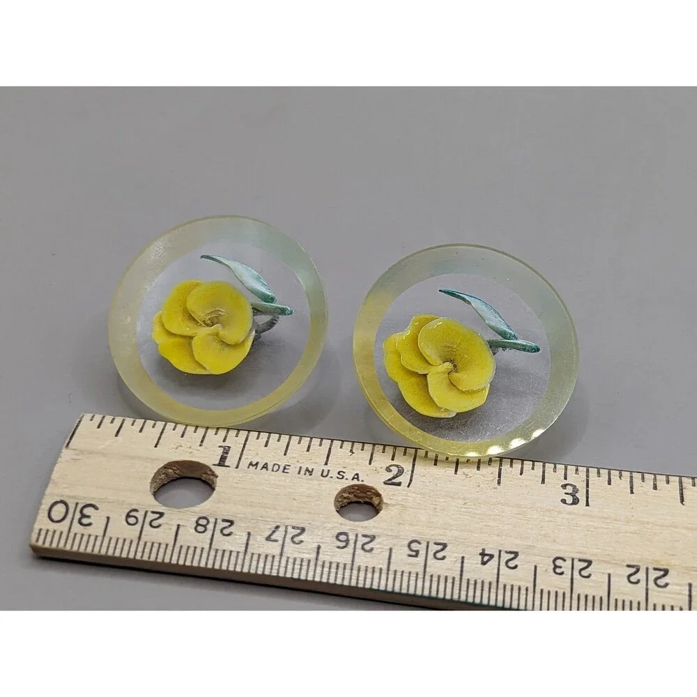 Vintage Lucite Yellow Rose Earrings